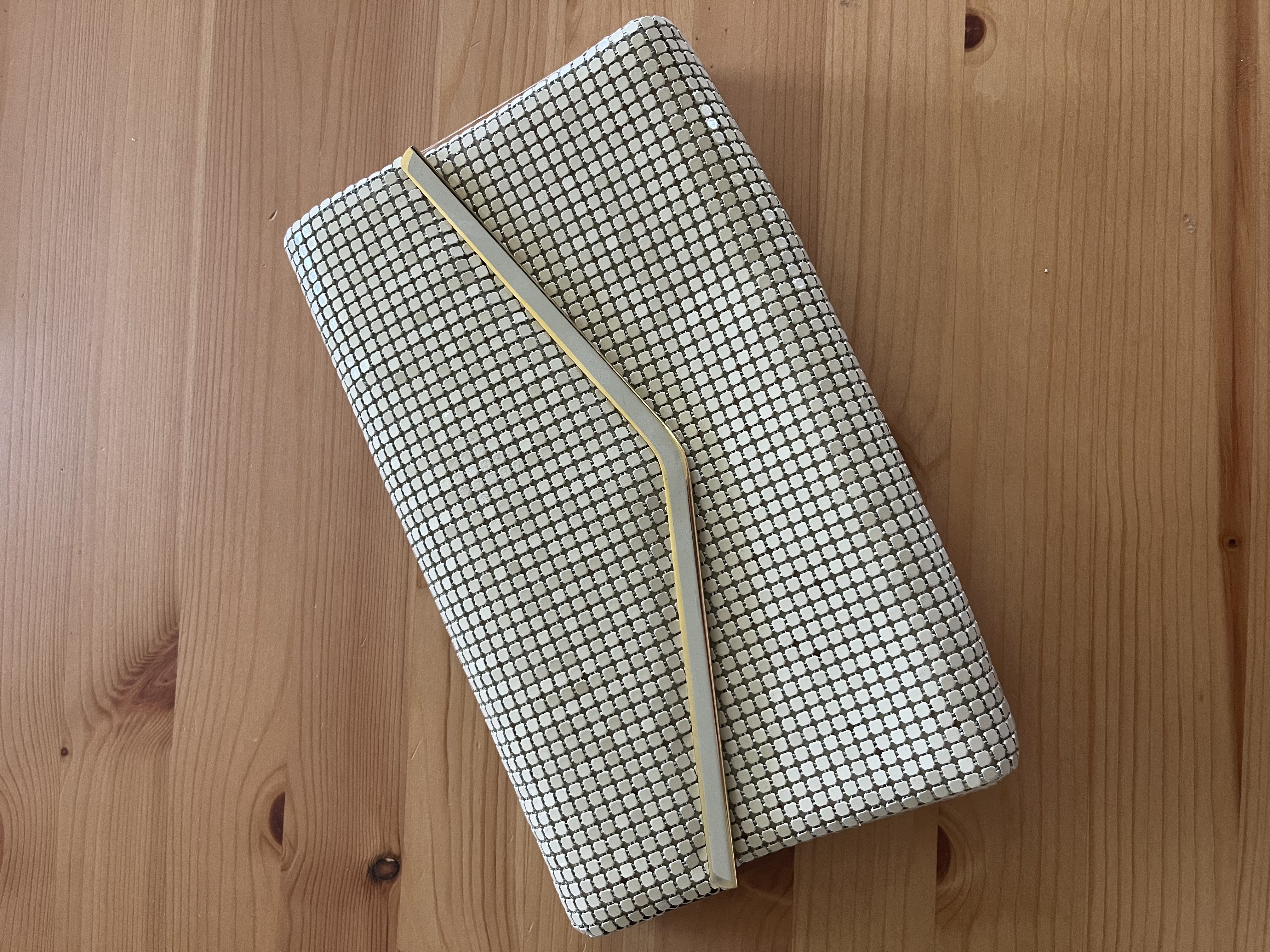 Cream Glomesh Envelope Clasp Clutch with Gold Hardware