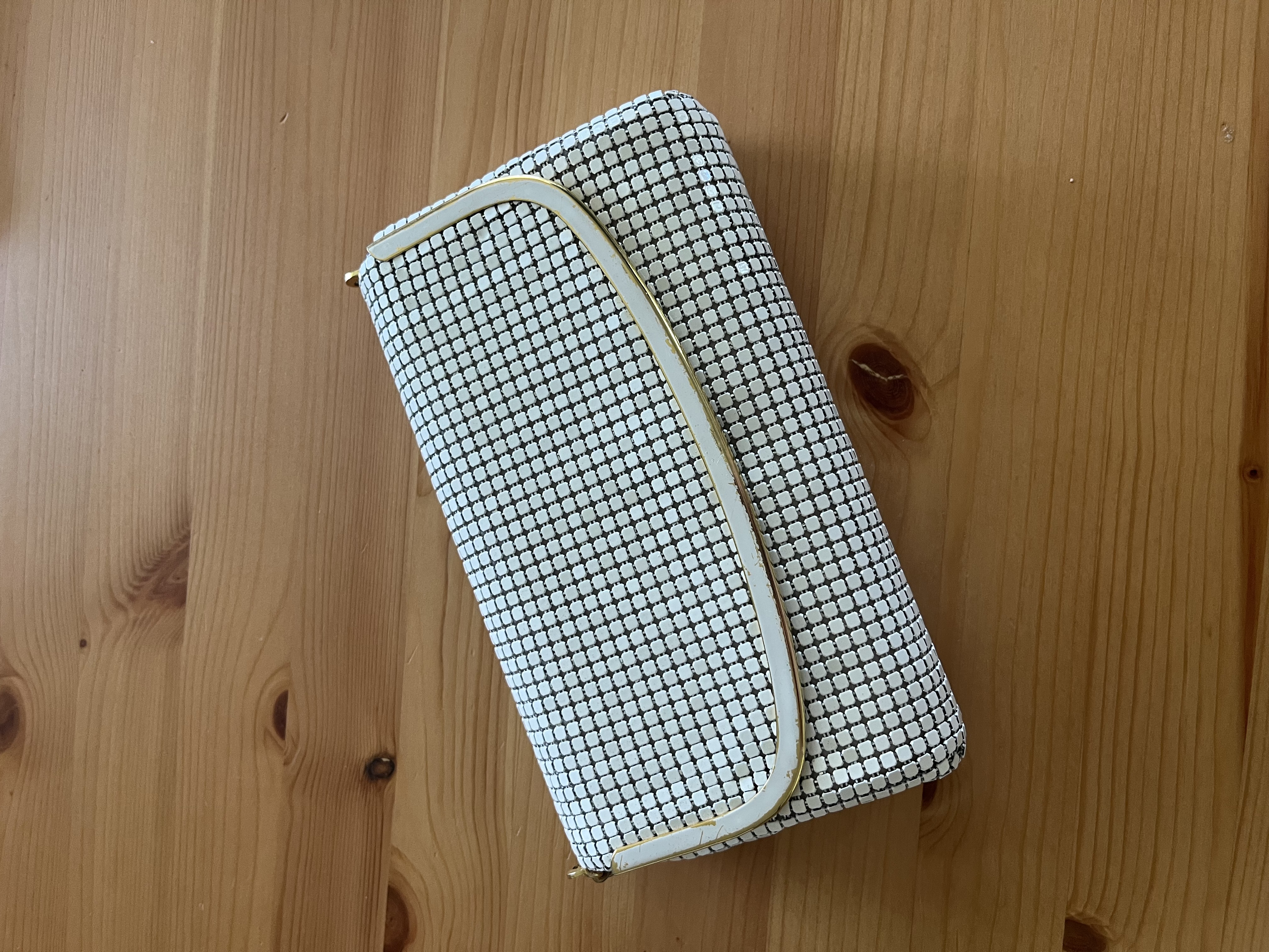 White Glomesh Round Clasp Clutch with Gold Hardware